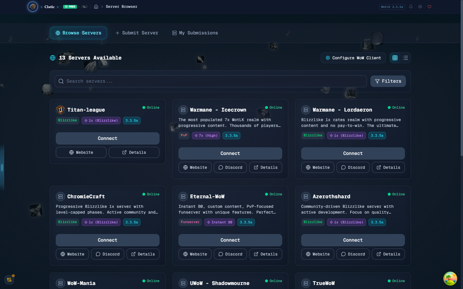 Server browser listing private WotLK servers
