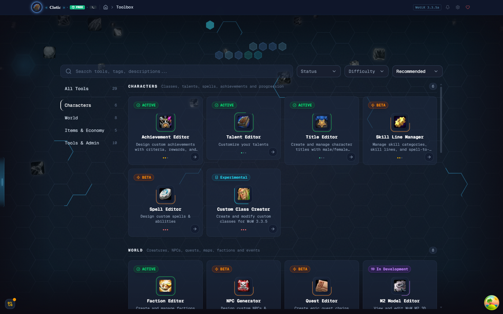 WoW Toolbox landing screen: a grid of editors, creators, and generators.